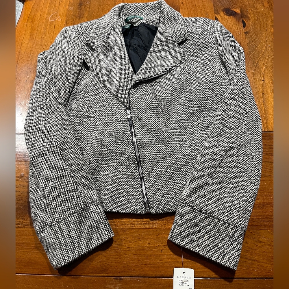 NWT Lauren Ralph Lauren Womens Black Cream Wool Cashmere Blend Moto Zip Jacket M